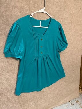 Teal V-Neck Pintuck Blouse with Button Front